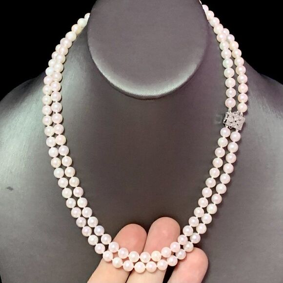 Diamond Akoya Pearl 2-Strand Necklace 17" 18k Gold 6.5mm Certified $8,750 120675 - Picture 5 of 11